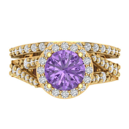 2.32 cttw Round Cut Simulated Alexandrite Bridal Set - Solid Yellow Gold Engagement Ring & Wedding Band
