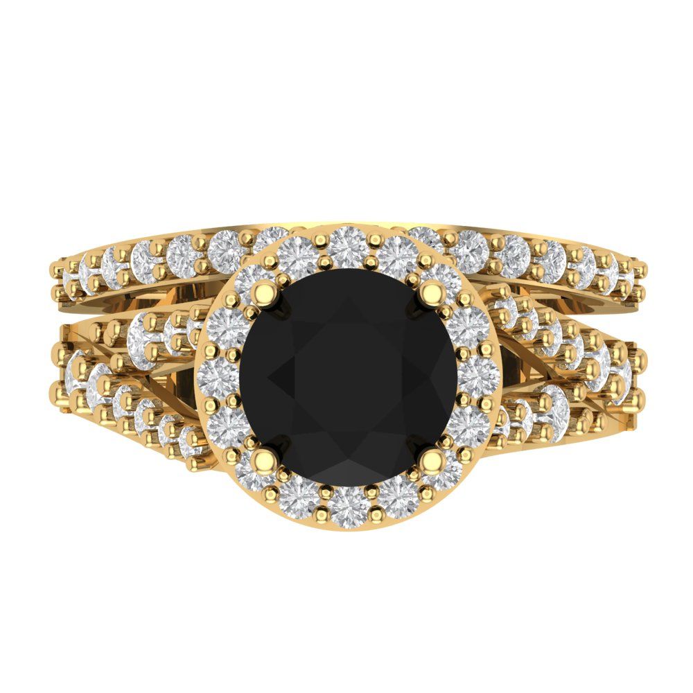 2.32 cttw Round Cut Natural Onyx Bridal Set - Solid Yellow Gold Engagement Ring & Wedding Band