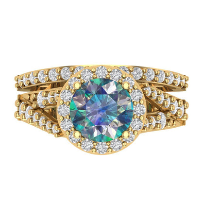 2.32 cttw Round Cut Blue Moissanite Bridal Set - Solid Yellow Gold Engagement Ring & Wedding Band