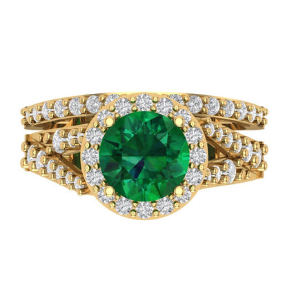 2.32 cttw Round Cut Simulated Emerald Bridal Set - Solid Yellow Gold Engagement Ring & Wedding Band