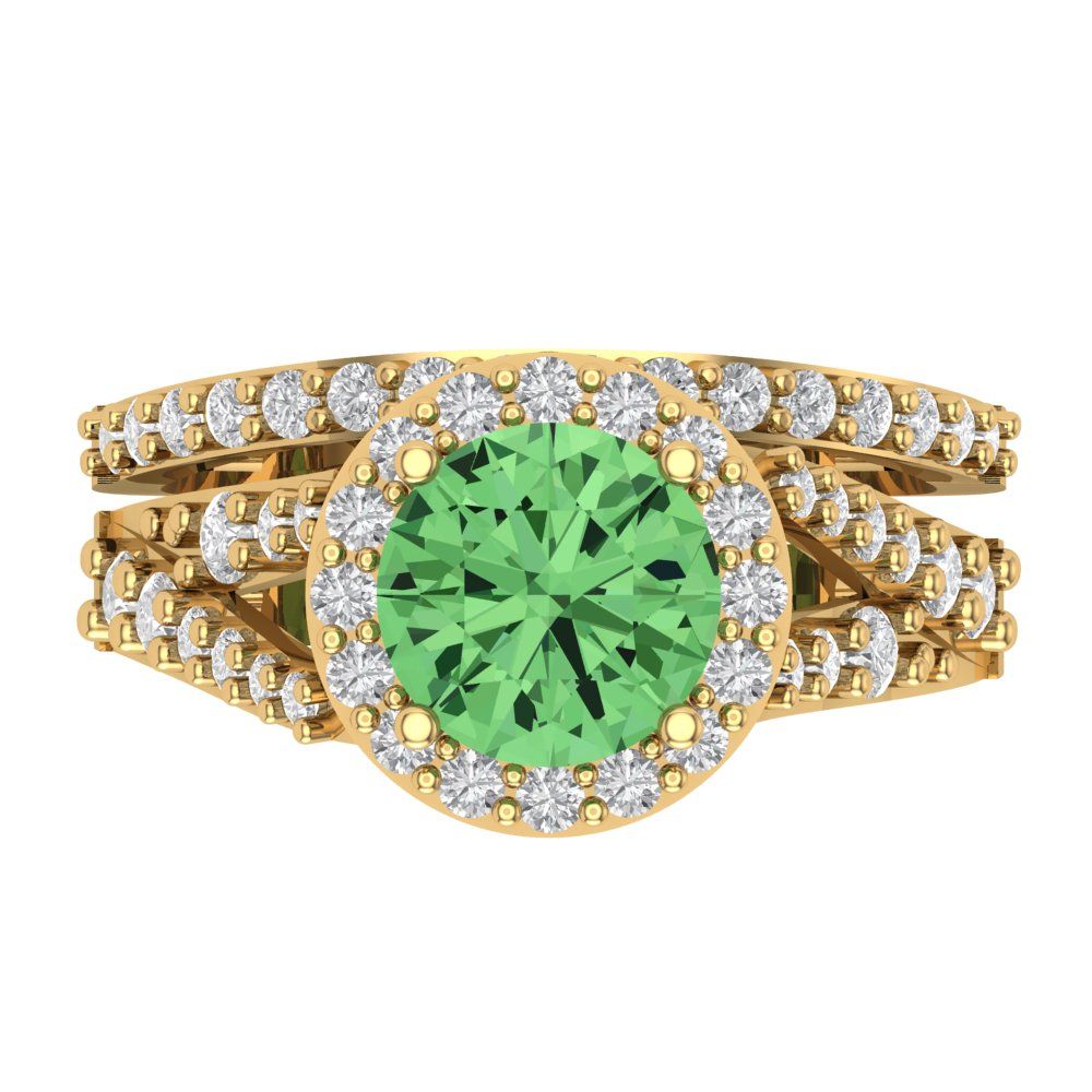 2.32 cttw Round Cut Simulated Green Diamond Bridal Set - Solid Yellow Gold Engagement Ring & Wedding Band