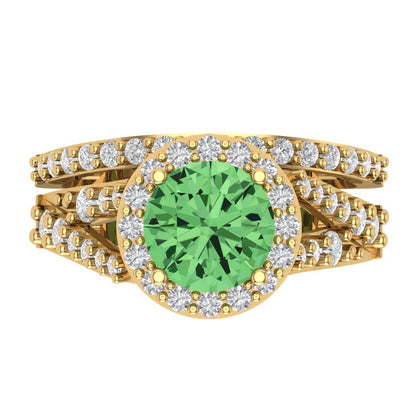 2.32 cttw Round Cut Simulated Green Diamond Bridal Set - Solid Yellow Gold Engagement Ring & Wedding Band