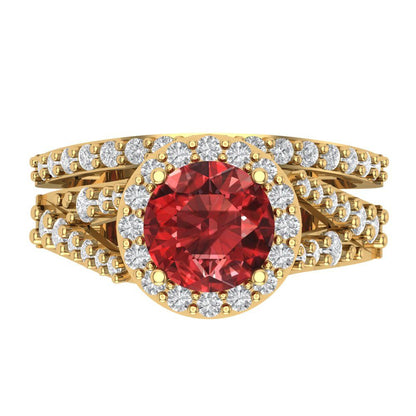 2.32 cttw Round Cut Natural Garnet Bridal Set - Solid Yellow Gold Engagement Ring & Wedding Band