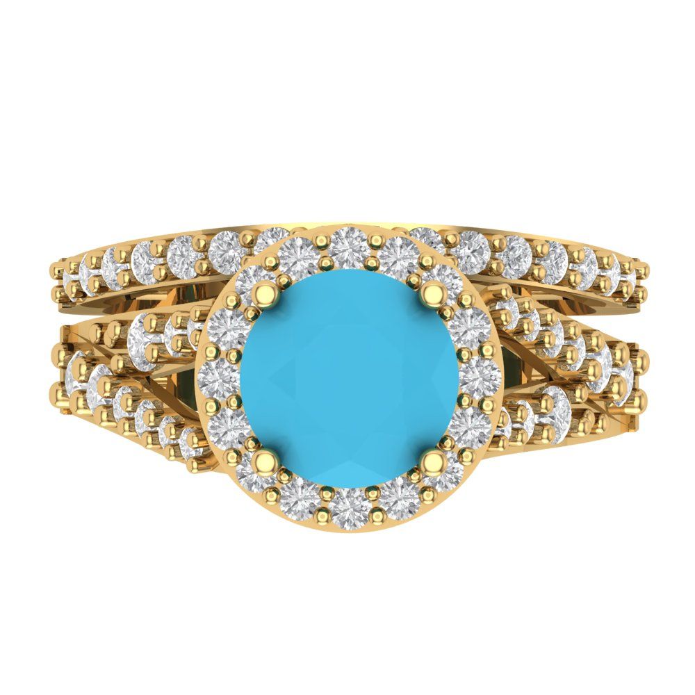 2.32 cttw Round Cut Simulated Turquoise Bridal Set - Solid Yellow Gold Engagement Ring & Wedding Band