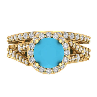 2.32 cttw Round Cut Simulated Turquoise Bridal Set - Solid Yellow Gold Engagement Ring & Wedding Band