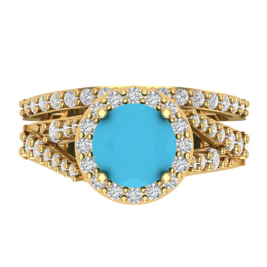 2.32 cttw Round Cut Simulated Turquoise Bridal Set - Solid Yellow Gold Engagement Ring & Wedding Band