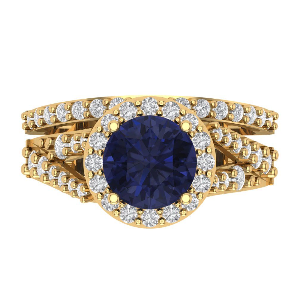 2.32 cttw Round Cut Simulated Blue Sapphire Bridal Set - Solid Yellow Gold Engagement Ring & Wedding Band