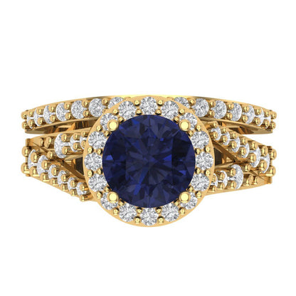 2.32 cttw Round Cut Simulated Blue Sapphire Bridal Set - Solid Yellow Gold Engagement Ring & Wedding Band