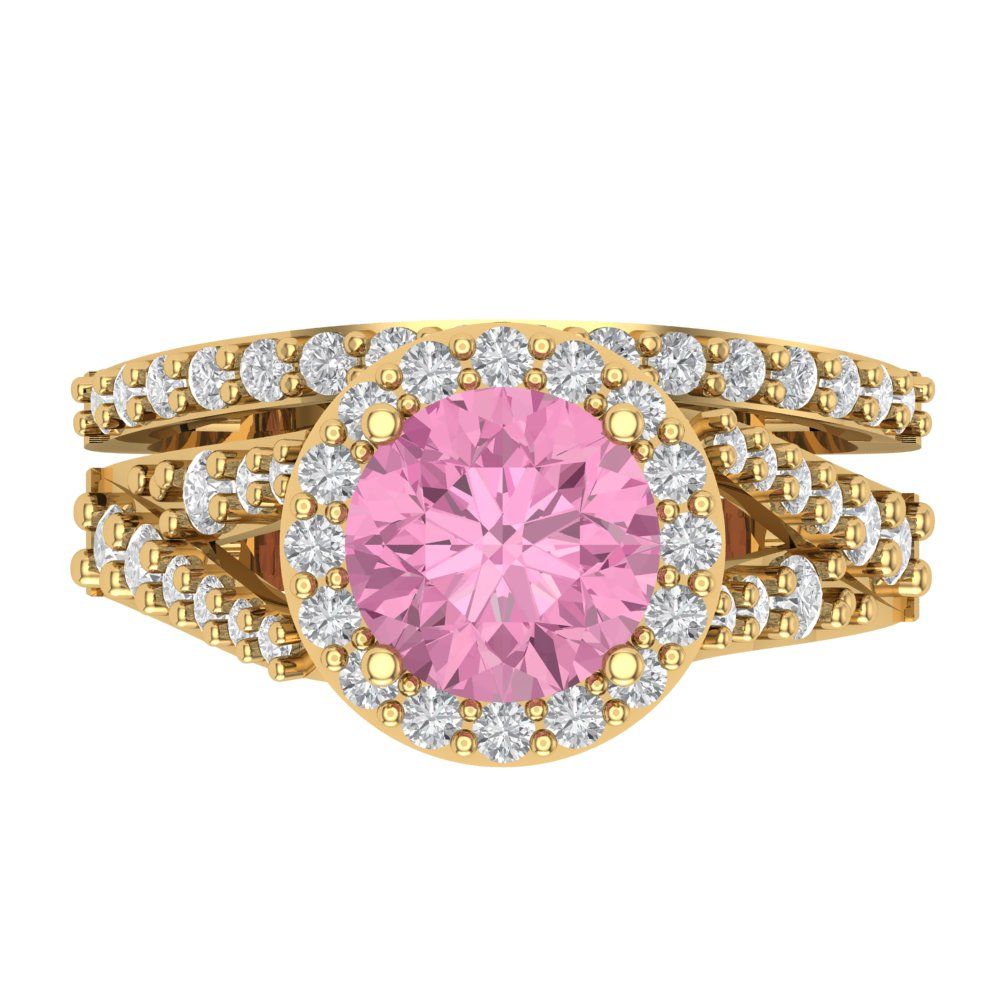 2.32 cttw Round Cut Simulated Pink Diamond Bridal Set - Solid Yellow Gold Engagement Ring & Wedding Band