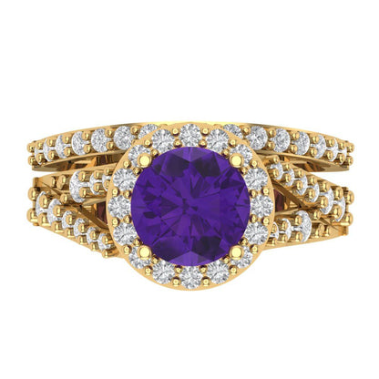 2.32 cttw Round Cut Natural Amethyst Bridal Set - Solid Yellow Gold Engagement Ring & Wedding Band