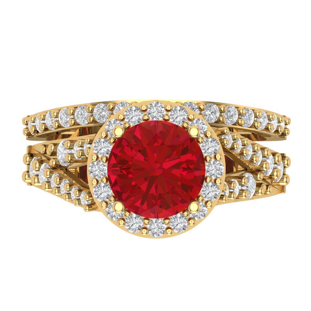 2.32 cttw Round Cut Simulated Ruby Bridal Set - Solid Yellow Gold Engagement Ring & Wedding Band