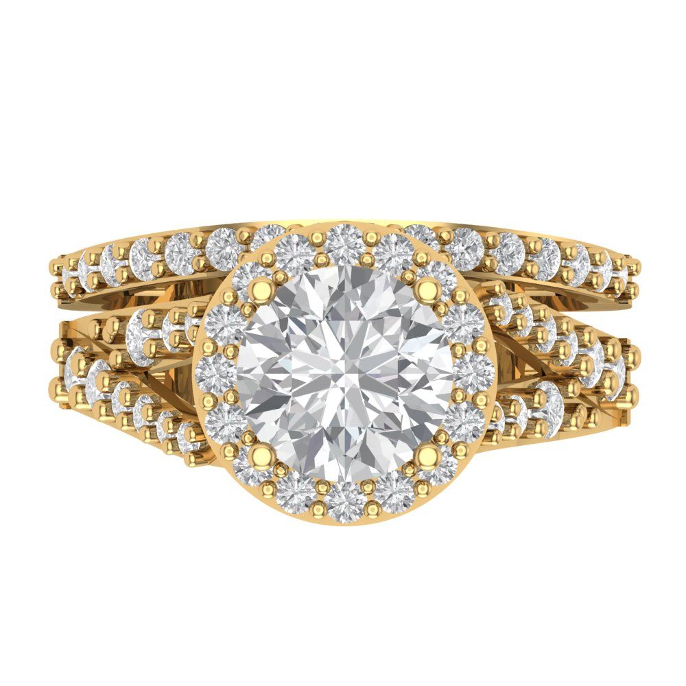 2.32 cttw Round Cut White Sapphire Bridal Set - Solid Yellow Gold Engagement Ring & Wedding Band