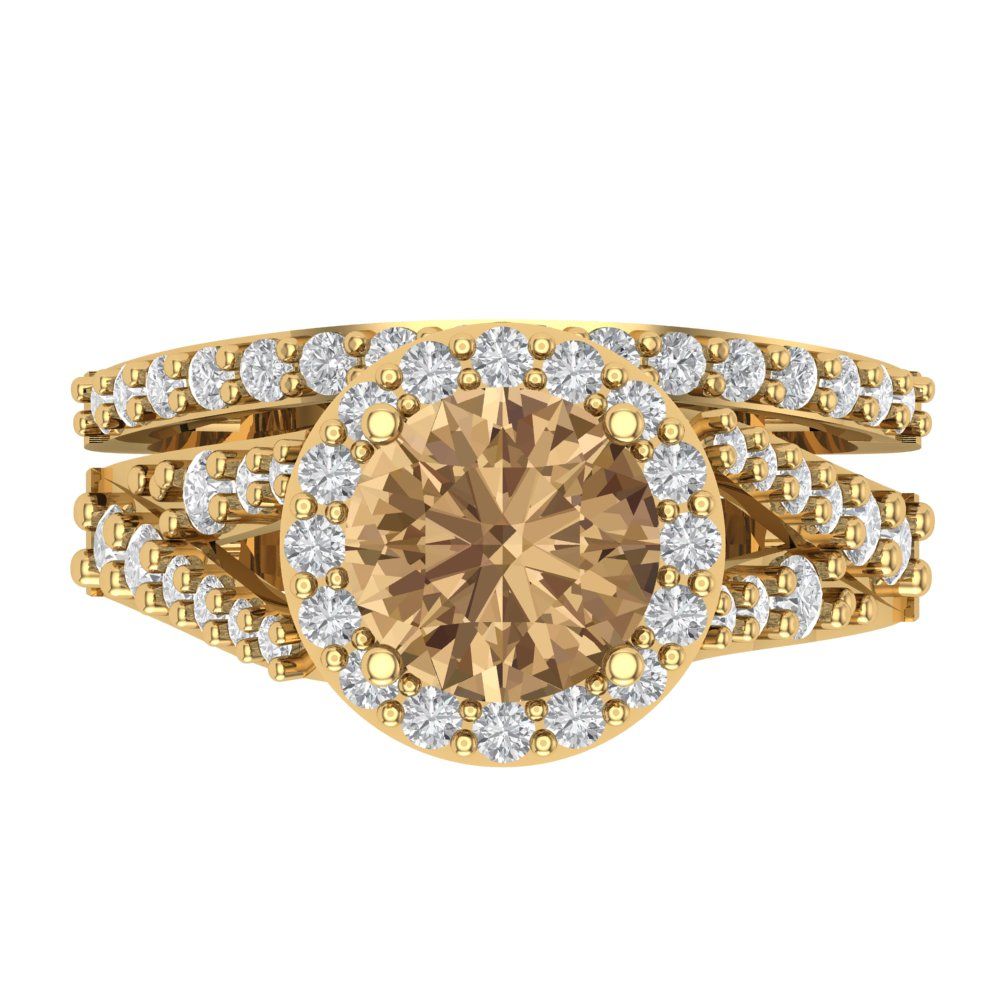 2.32 cttw Round Cut Simulated Champagne Diamond Bridal Set - Solid Yellow Gold Engagement Ring & Wedding Band