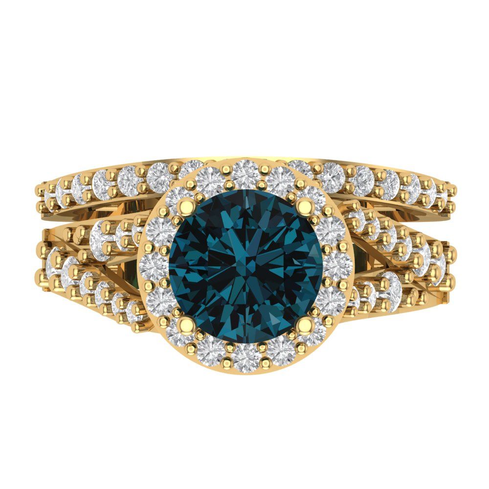 2.32 cttw Round Cut Natural London Blue Topaz Bridal Set - Solid Yellow Gold Engagement Ring & Wedding Band