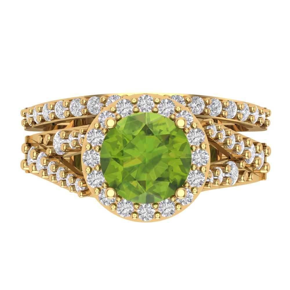 2.32 cttw Round Cut Natural Peridot Bridal Set - Solid Yellow Gold Engagement Ring & Wedding Band