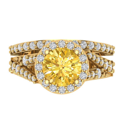 2.32 cttw Round Cut Simulated Yellow Diamond Bridal Set - Solid Yellow Gold Engagement Ring & Wedding Band