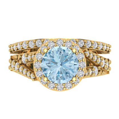 2.32 cttw Round Cut Natural Swiss Blue Topaz Bridal Set - Solid Yellow Gold Engagement Ring & Wedding Band