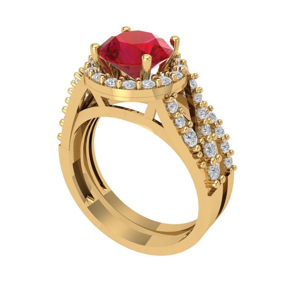 2.32 cttw Round Cut Simulated Ruby Bridal Set - Solid Yellow Gold Engagement Ring & Wedding Band