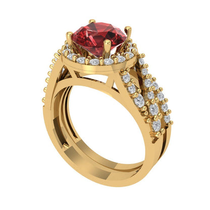 2.32 cttw Round Cut Natural Garnet Bridal Set - Solid Yellow Gold Engagement Ring & Wedding Band