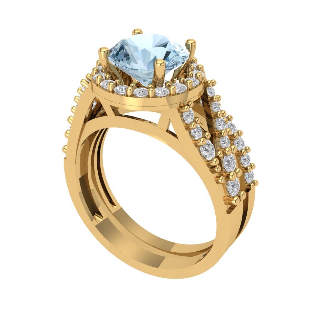 2.32 cttw Round Cut Natural Sky Blue Topaz Bridal Set - Solid Yellow Gold Engagement Ring & Wedding Band