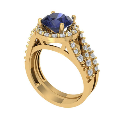 2.32 cttw Round Cut Simulated Blue Sapphire Bridal Set - Solid Yellow Gold Engagement Ring & Wedding Band