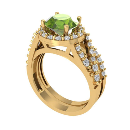2.32 cttw Round Cut Natural Peridot Bridal Set - Solid Yellow Gold Engagement Ring & Wedding Band