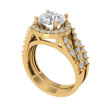 2.32 cttw Round Cut White Sapphire Bridal Set - Solid Yellow Gold Engagement Ring & Wedding Band