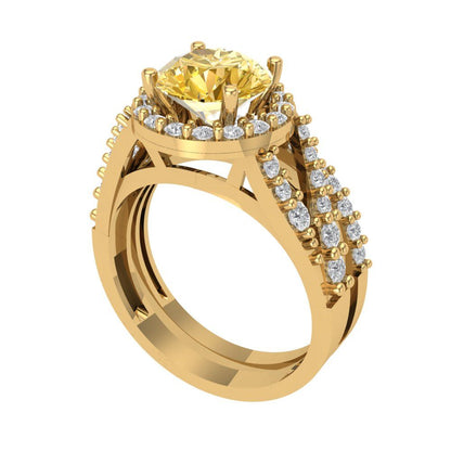 2.32 cttw Round Cut Yellow Moissanite Bridal Set - Solid Yellow Gold Engagement Ring & Wedding Band