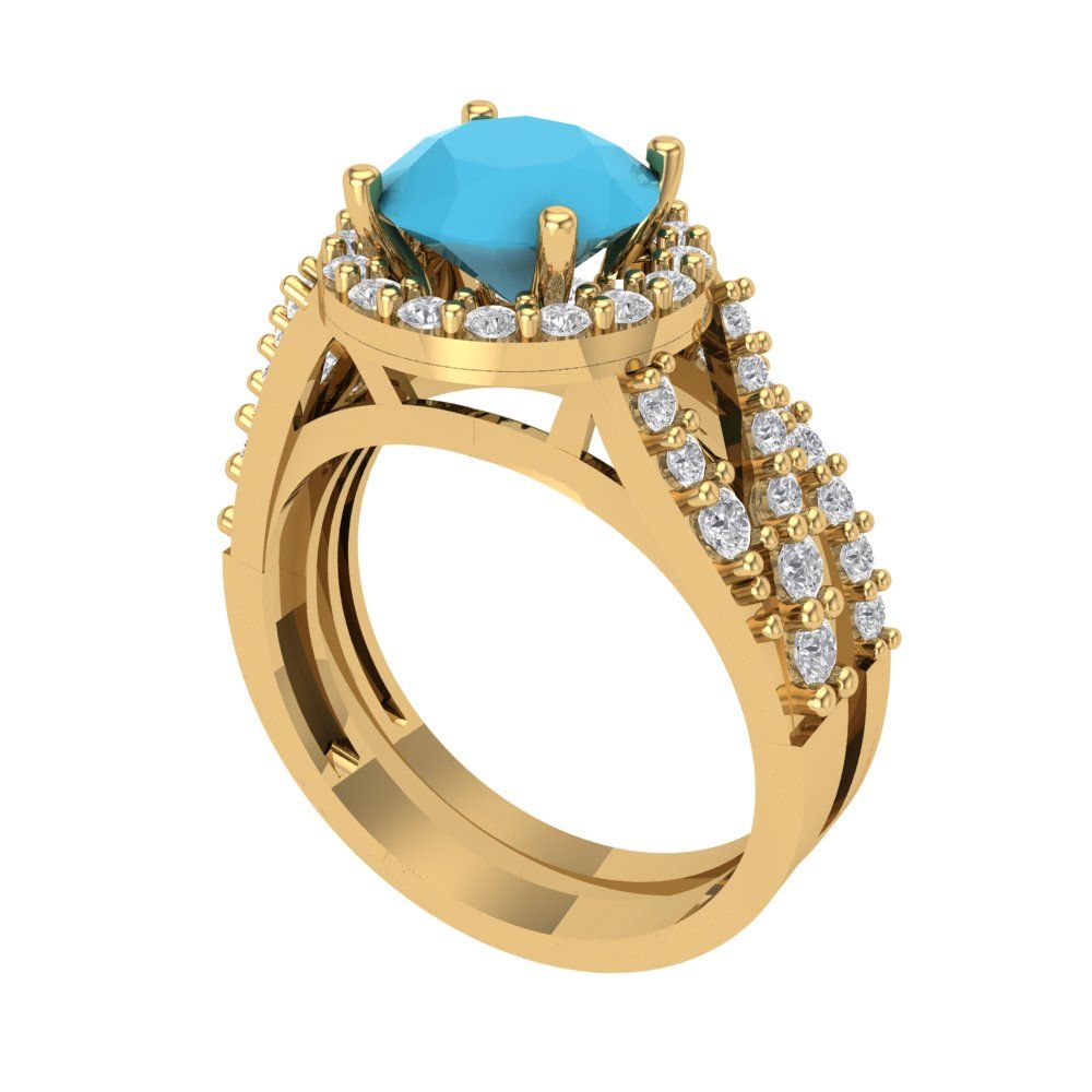 2.32 cttw Round Cut Simulated Turquoise Bridal Set - Solid Yellow Gold Engagement Ring & Wedding Band
