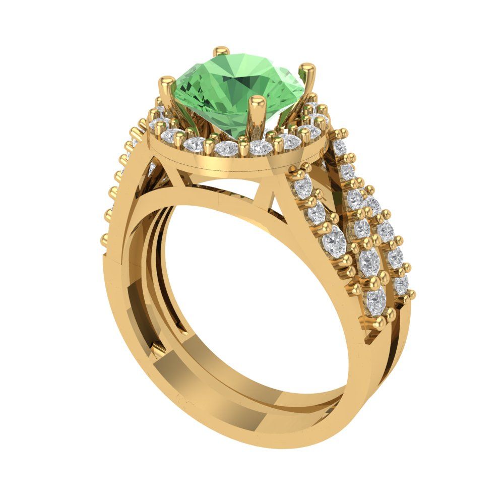 2.32 cttw Round Cut Simulated Green Diamond Bridal Set - Solid Yellow Gold Engagement Ring & Wedding Band