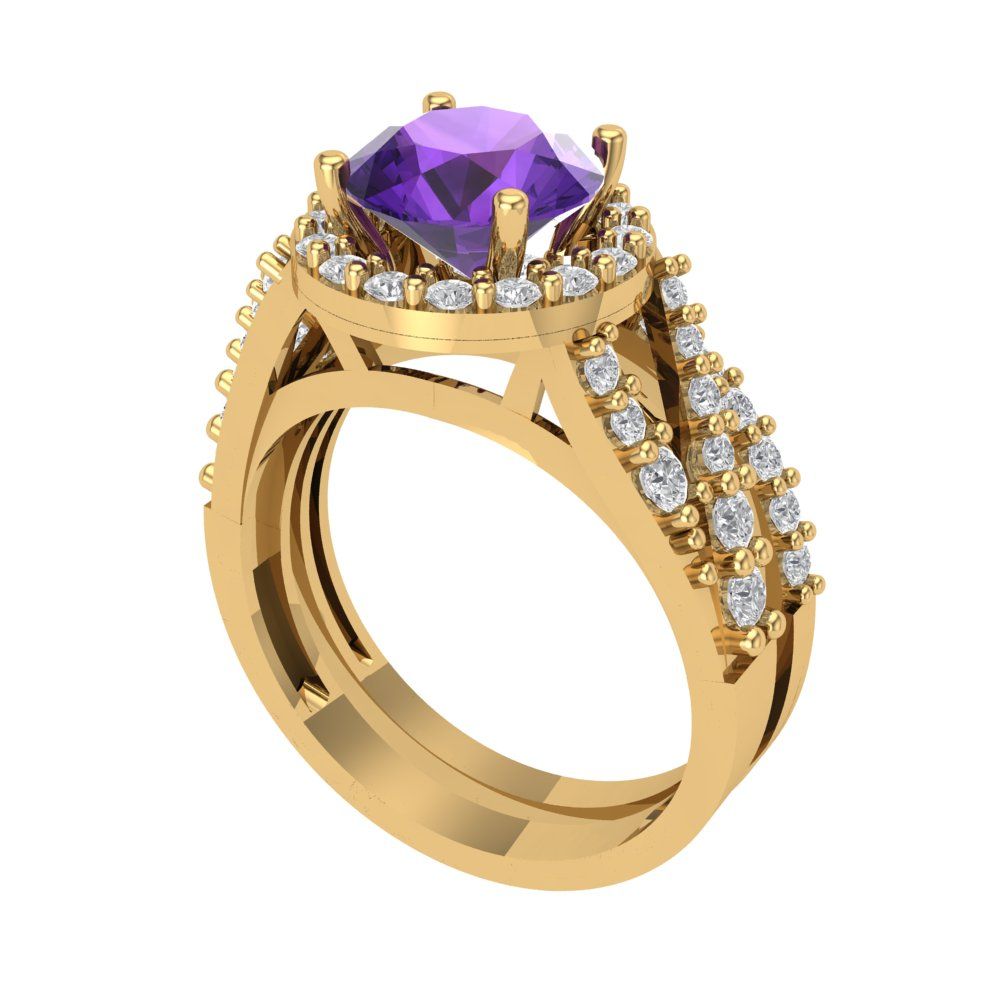2.32 cttw Round Cut Natural Amethyst Bridal Set - Solid Yellow Gold Engagement Ring & Wedding Band