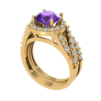 2.32 cttw Round Cut Natural Amethyst Bridal Set - Solid Yellow Gold Engagement Ring & Wedding Band