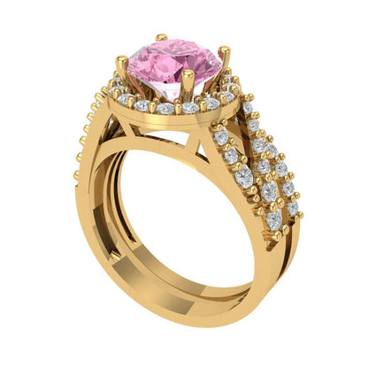 2.32 cttw Round Cut Simulated Pink Diamond Bridal Set - Solid Yellow Gold Engagement Ring & Wedding Band