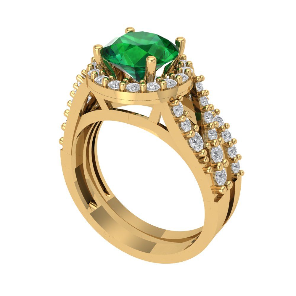 2.32 cttw Round Cut Simulated Emerald Bridal Set - Solid Yellow Gold Engagement Ring & Wedding Band