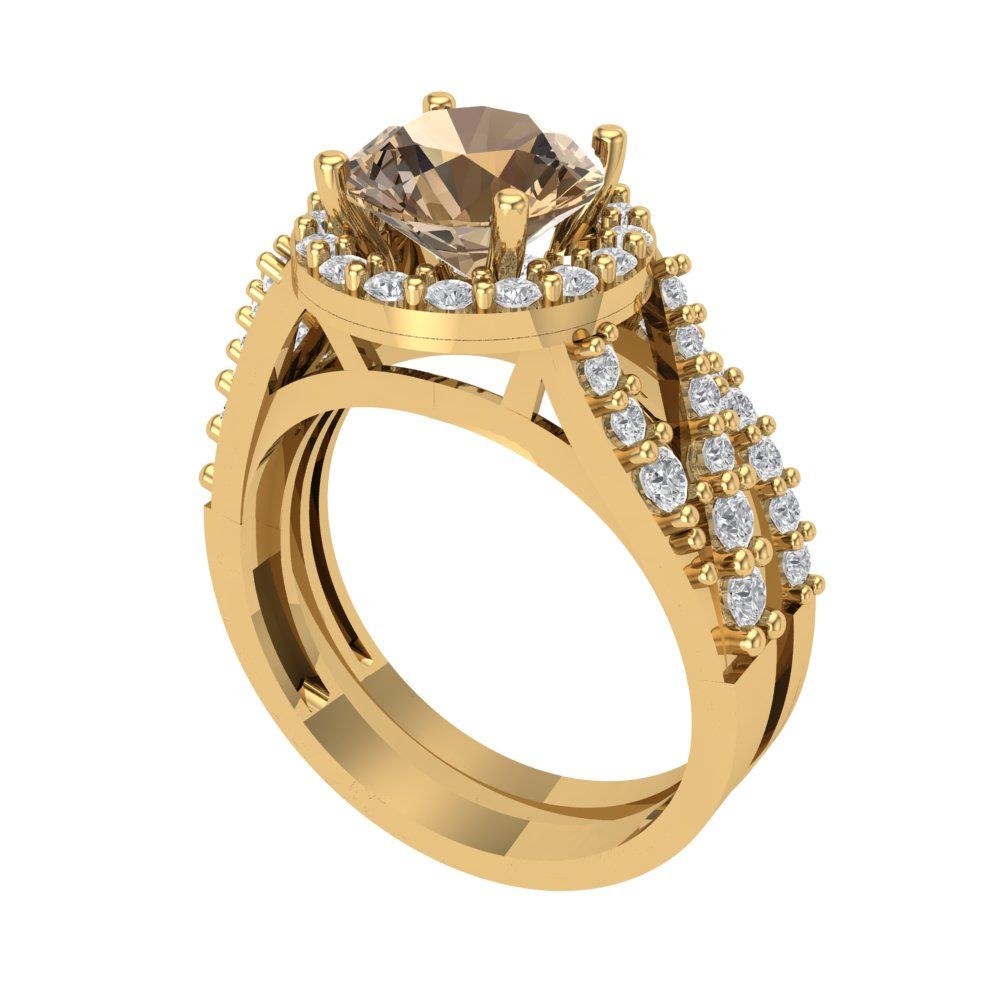 2.32 cttw Round Cut Simulated Champagne Diamond Bridal Set - Solid Yellow Gold Engagement Ring & Wedding Band