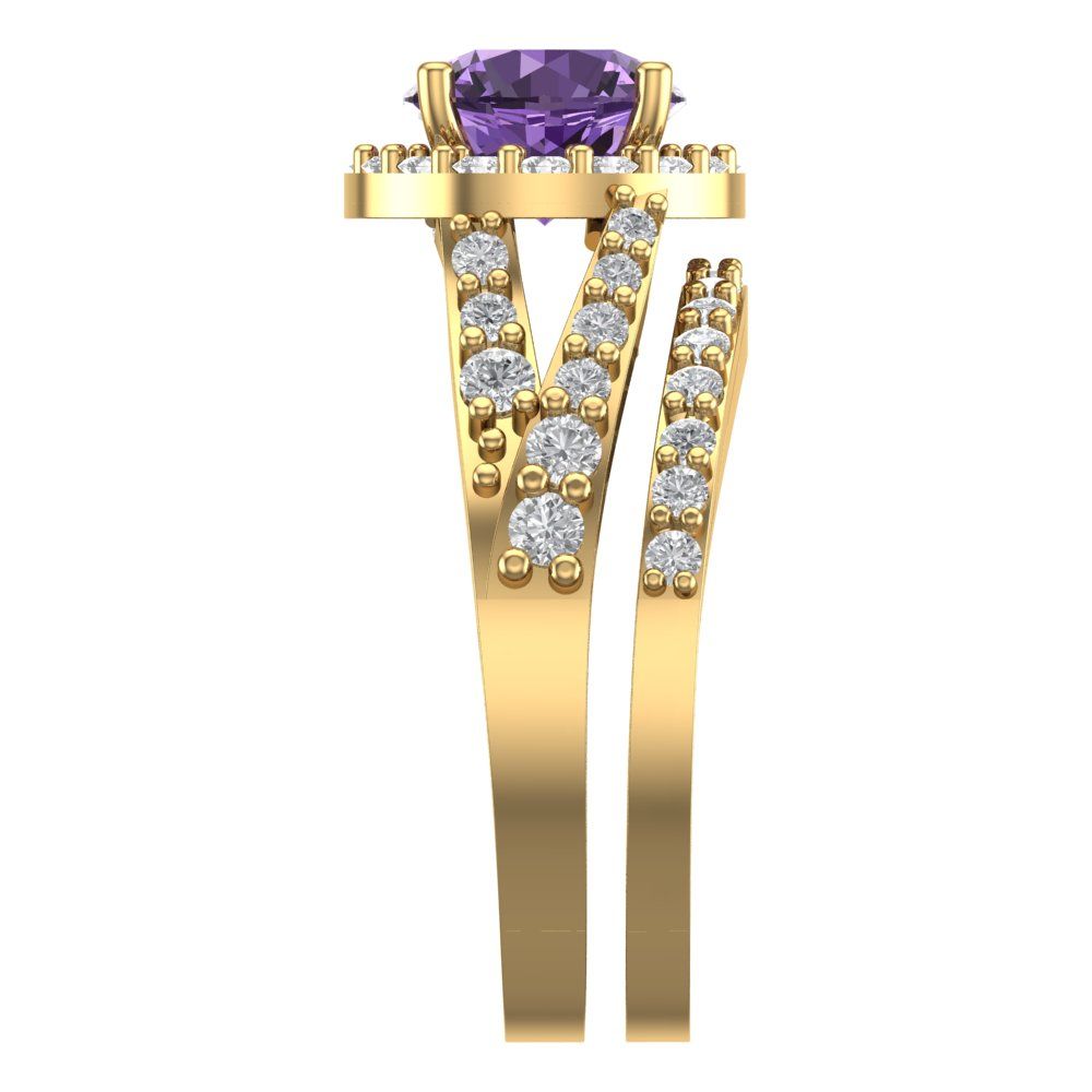 2.32 cttw Round Cut Simulated Alexandrite Bridal Set - Solid Yellow Gold Engagement Ring & Wedding Band