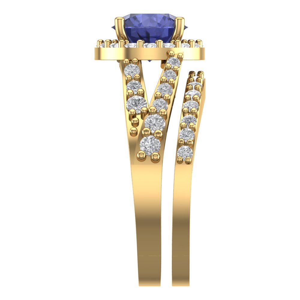 2.32 cttw Round Cut Simulated Tanzanite Bridal Set - Solid Yellow Gold Engagement Ring & Wedding Band