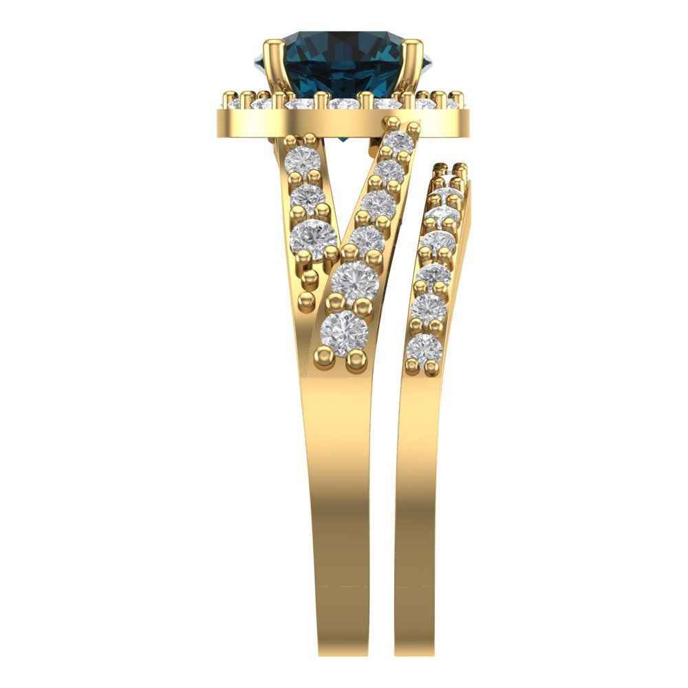2.32 cttw Round Cut Natural London Blue Topaz Bridal Set - Solid Yellow Gold Engagement Ring & Wedding Band