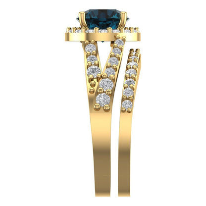 2.32 cttw Round Cut Natural London Blue Topaz Bridal Set - Solid Yellow Gold Engagement Ring & Wedding Band