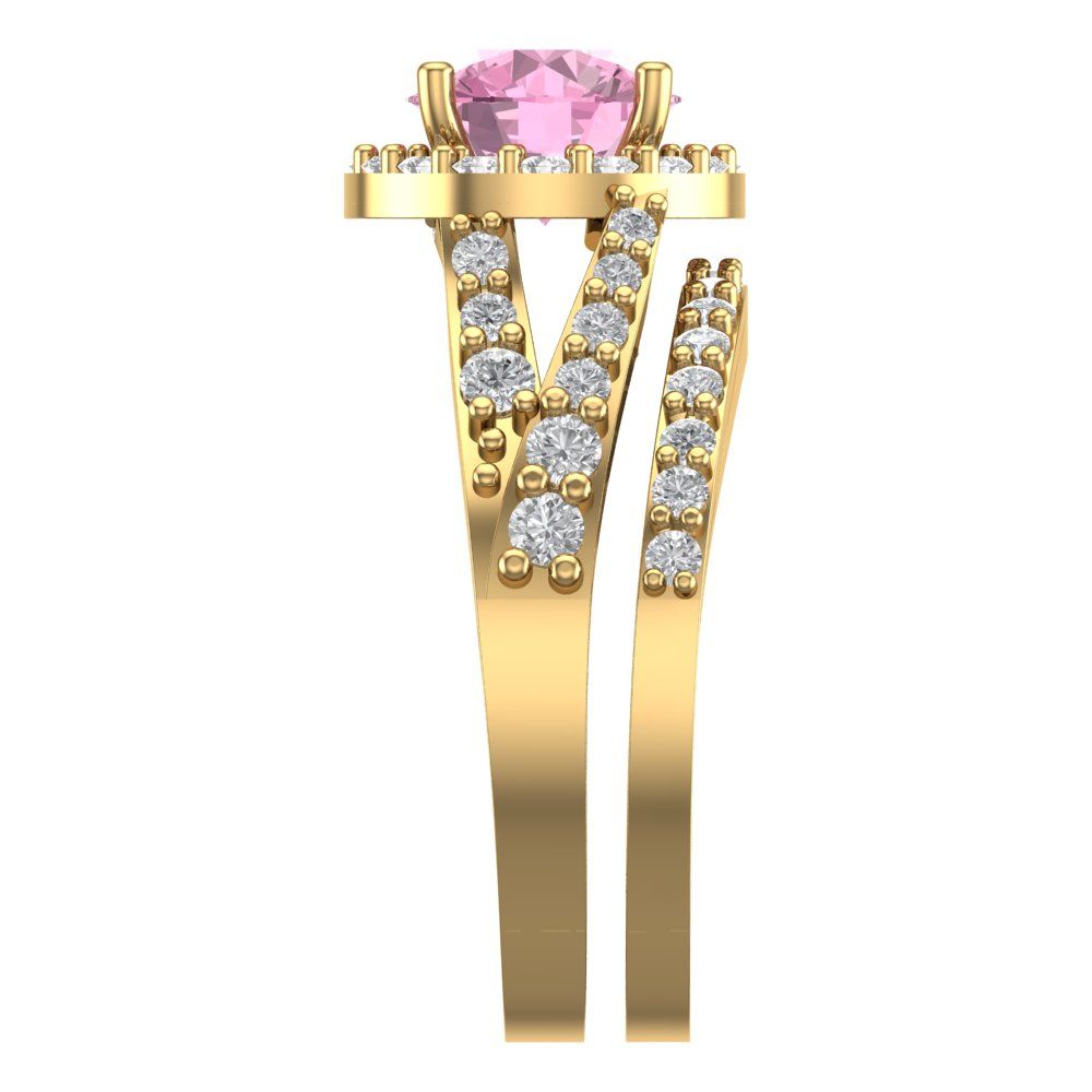 2.32 cttw Round Cut Simulated Pink Diamond Bridal Set - Solid Yellow Gold Engagement Ring & Wedding Band