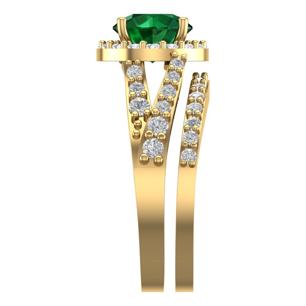 2.32 cttw Round Cut Simulated Emerald Bridal Set - Solid Yellow Gold Engagement Ring & Wedding Band
