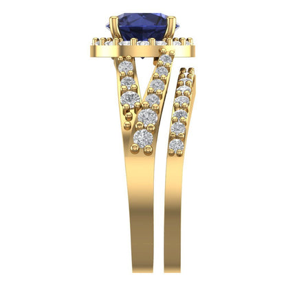 2.32 cttw Round Cut Simulated Blue Sapphire Bridal Set - Solid Yellow Gold Engagement Ring & Wedding Band