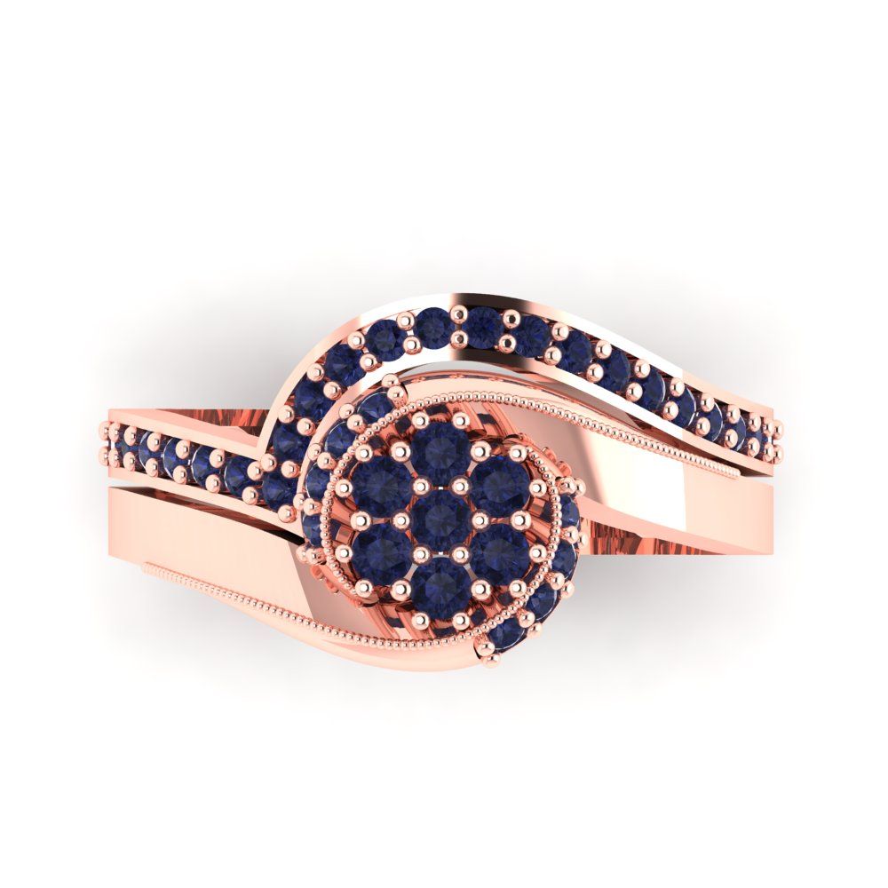 0.4 cttw Round Cut Simulated Blue Sapphire Bridal Set - Solid Rose Gold Engagement Ring & Wedding Band