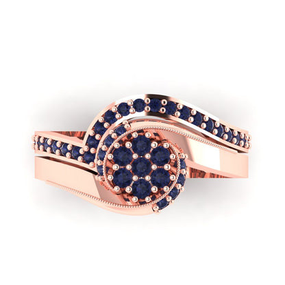 0.4 cttw Round Cut Simulated Blue Sapphire Bridal Set - Solid Rose Gold Engagement Ring & Wedding Band
