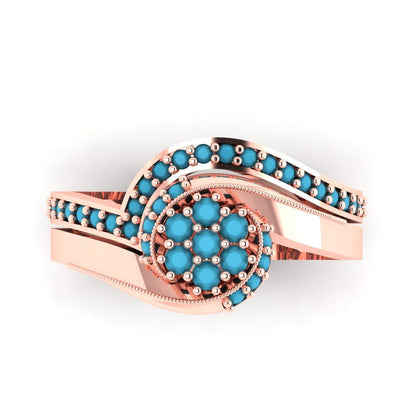 0.4 cttw Round Cut Simulated Turquoise Bridal Set - Solid Rose Gold Engagement Ring & Wedding Band