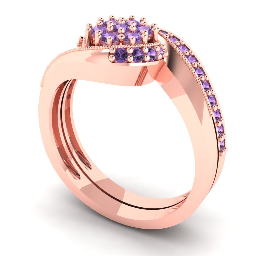 0.4 cttw Round Cut Simulated Alexandrite Bridal Set - Solid Rose Gold Engagement Ring & Wedding Band