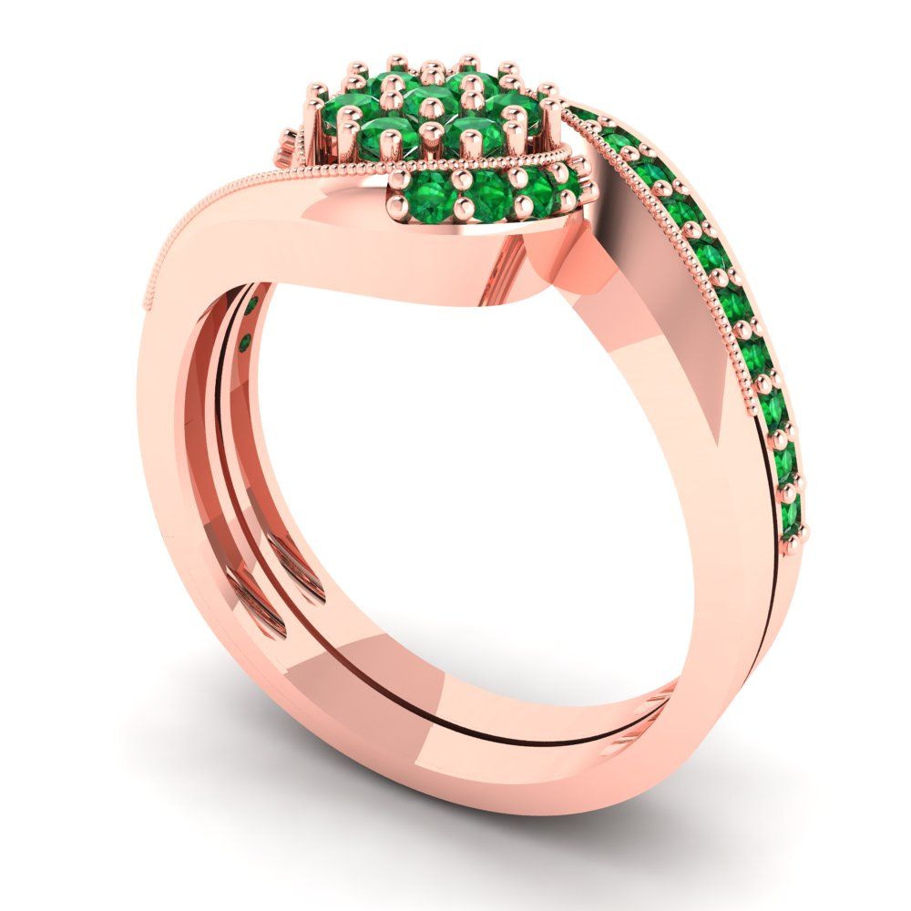 0.4 cttw Round Cut Simulated Emerald Bridal Set - Solid Rose Gold Engagement Ring & Wedding Band