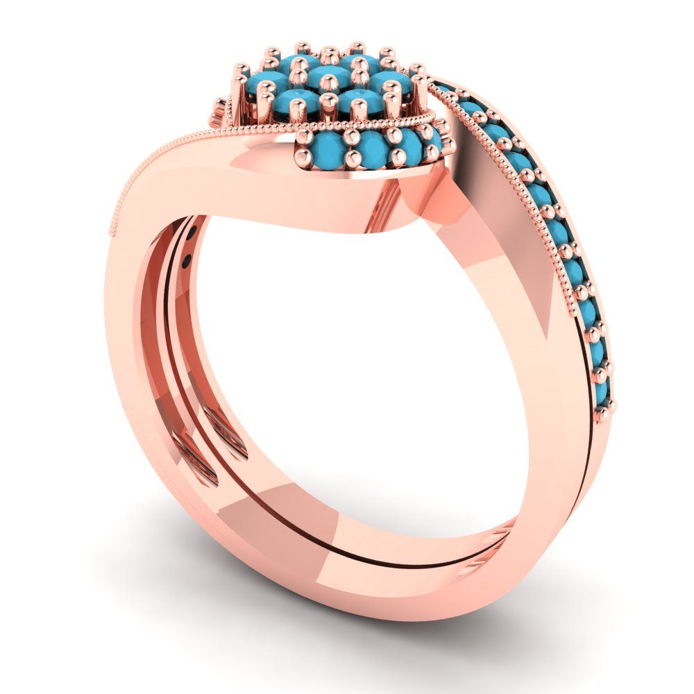 0.4 cttw Round Cut Simulated Turquoise Bridal Set - Solid Rose Gold Engagement Ring & Wedding Band