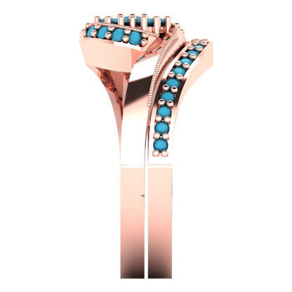 0.4 cttw Round Cut Simulated Turquoise Bridal Set - Solid Rose Gold Engagement Ring & Wedding Band