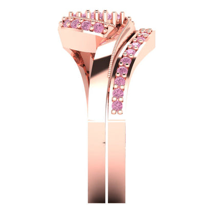 0.4 cttw Round Cut Simulated Pink Diamond Bridal Set - Solid Rose Gold Engagement Ring & Wedding Band